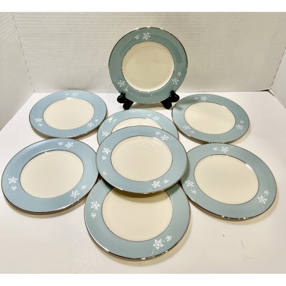FLINTRIDGE china MISTY LEAF 6 1/4” Bread Plates Set Of 8 Strata Blue California